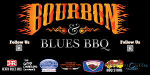 Bourbon & Blues BBQ sponsor banner listing Heath Riles BBQ, The Good Charcoal Company, Springer Mountain Farms, The BBQ Bus, Villari, Atlanta BBQ Store and Relax Float Spa