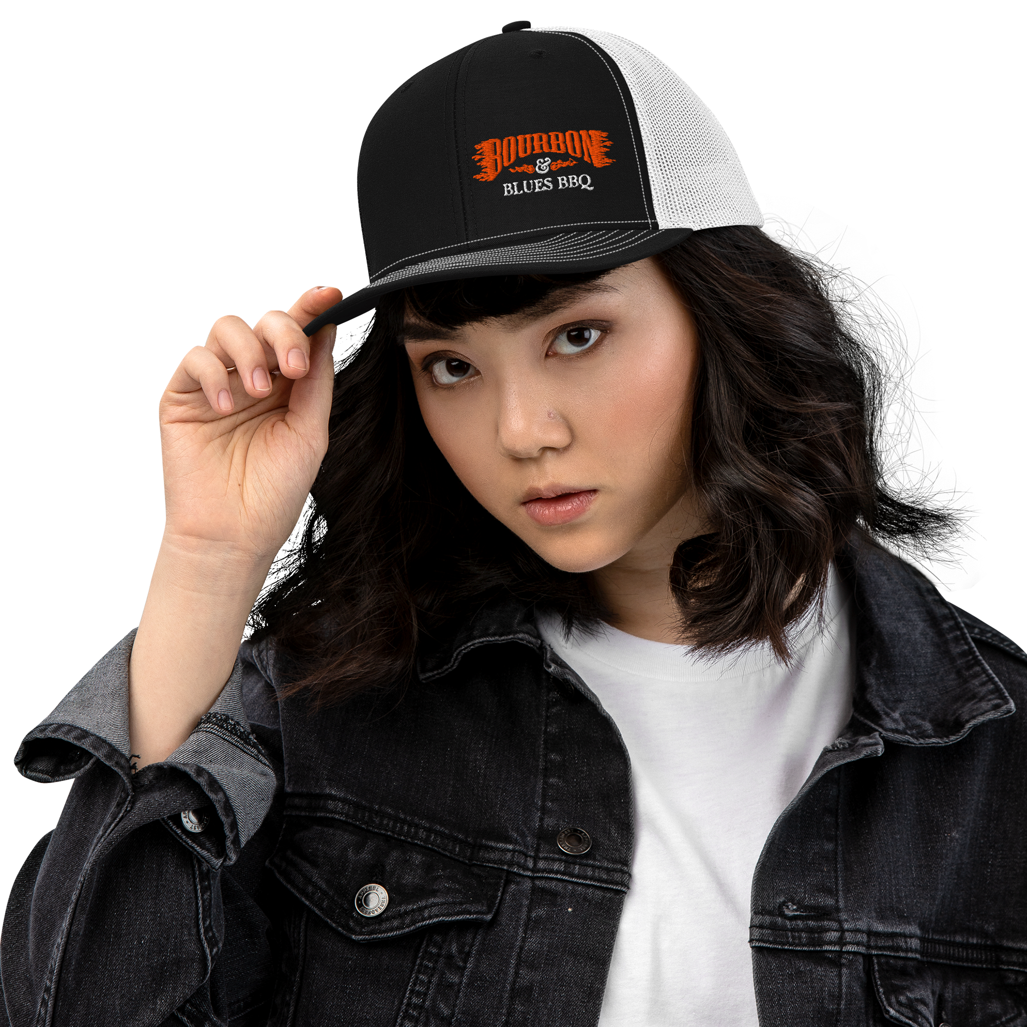 Female model wearing the black and white Bourbon & Blues BBQ Signature Logo Trucker Hat