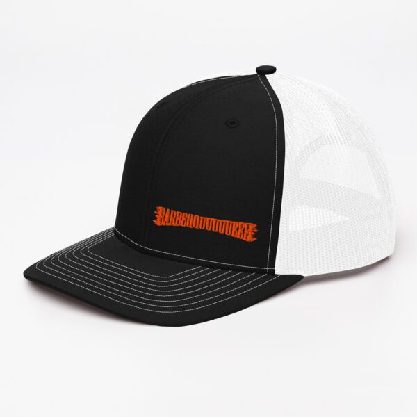 Black Trucker Cap with White Mesh and Barbeqquuuuueee embroidered on front left panel