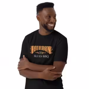 Male wearing Gildan 64000 Unisex Softstyle T-Shirt with Bourbon & Blues BBQ logo on the front and Barbeqquuuuueee graphic on the back