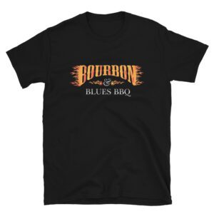 Gildan 64000 Unisex Softstyle T-Shirt with Bourbon & Blues BBQ logo on the front and Barbeqquuuuueee graphic on the back
