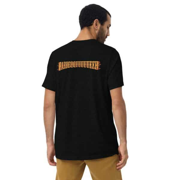 Male model wearing Bella + Canvas 3413 Unisex Triblend Short Sleeve T-Shirt with Bourbon & Blues BBQ logo on the front and displaying the Barbeqquuuuueee graphic on the back