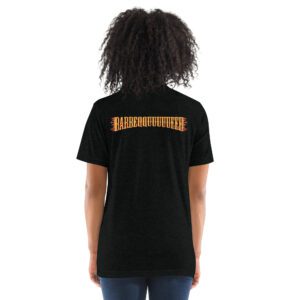 Female model wearing Bella + Canvas 3413 Unisex Triblend Short Sleeve T-Shirt with Bourbon & Blues BBQ logo on the front and displaying the Barbeqquuuuueee graphic on the back