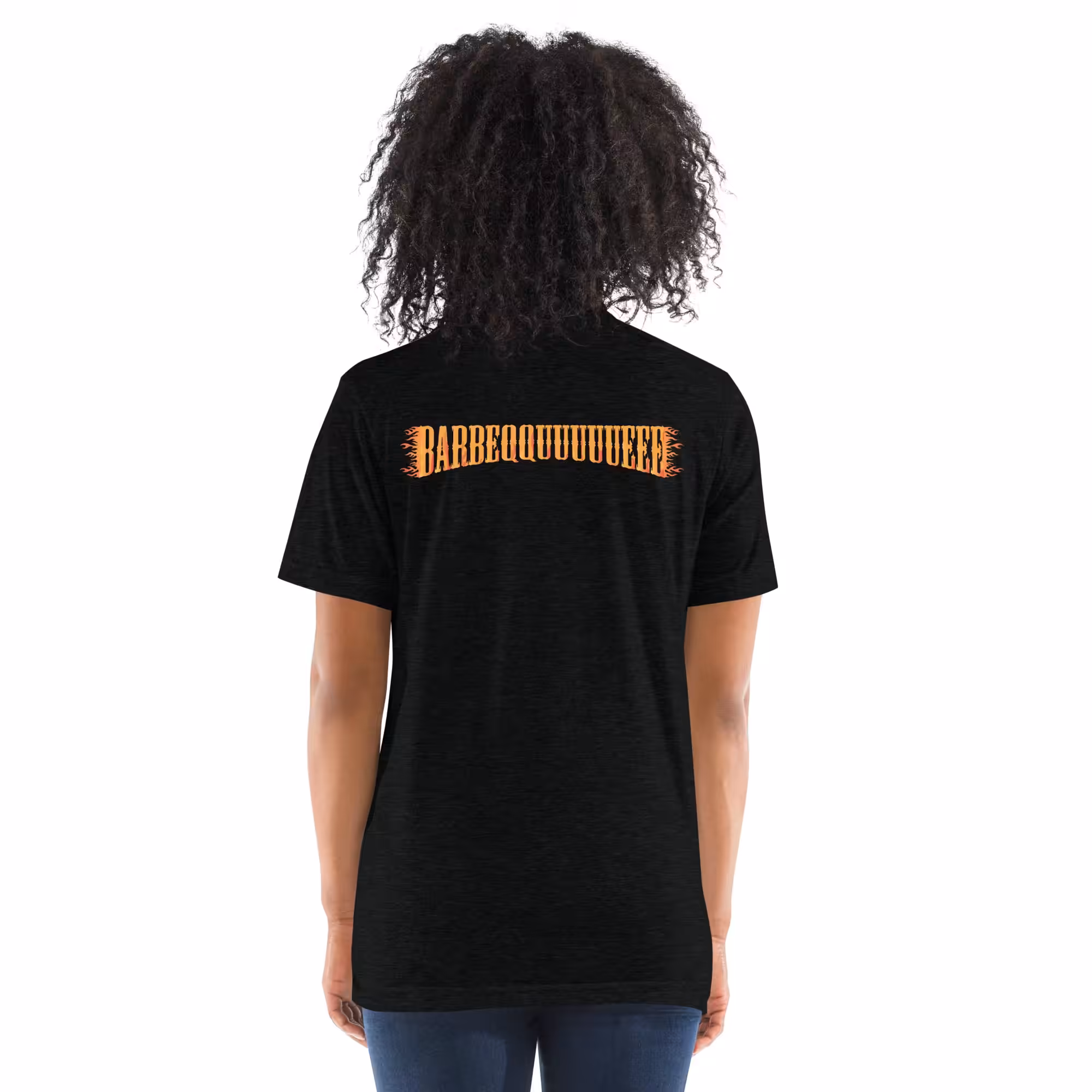 Female model wearing Bella + Canvas 3413 Unisex Triblend Short Sleeve T-Shirt with Bourbon & Blues BBQ logo on the front and displaying the Barbeqquuuuueee graphic on the back