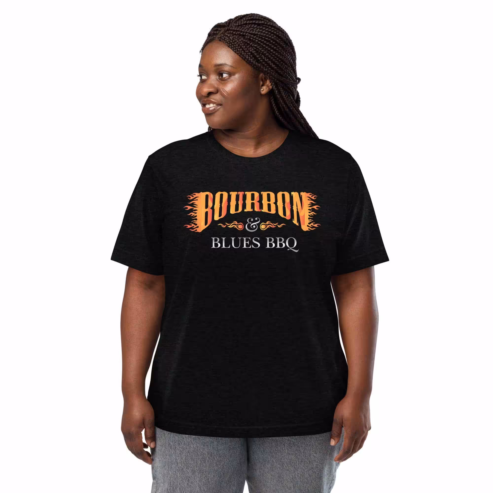 Front view of the 64000 Unisex Softstyle T-Shirt with Bourbon & Blues BBQ logo on the front