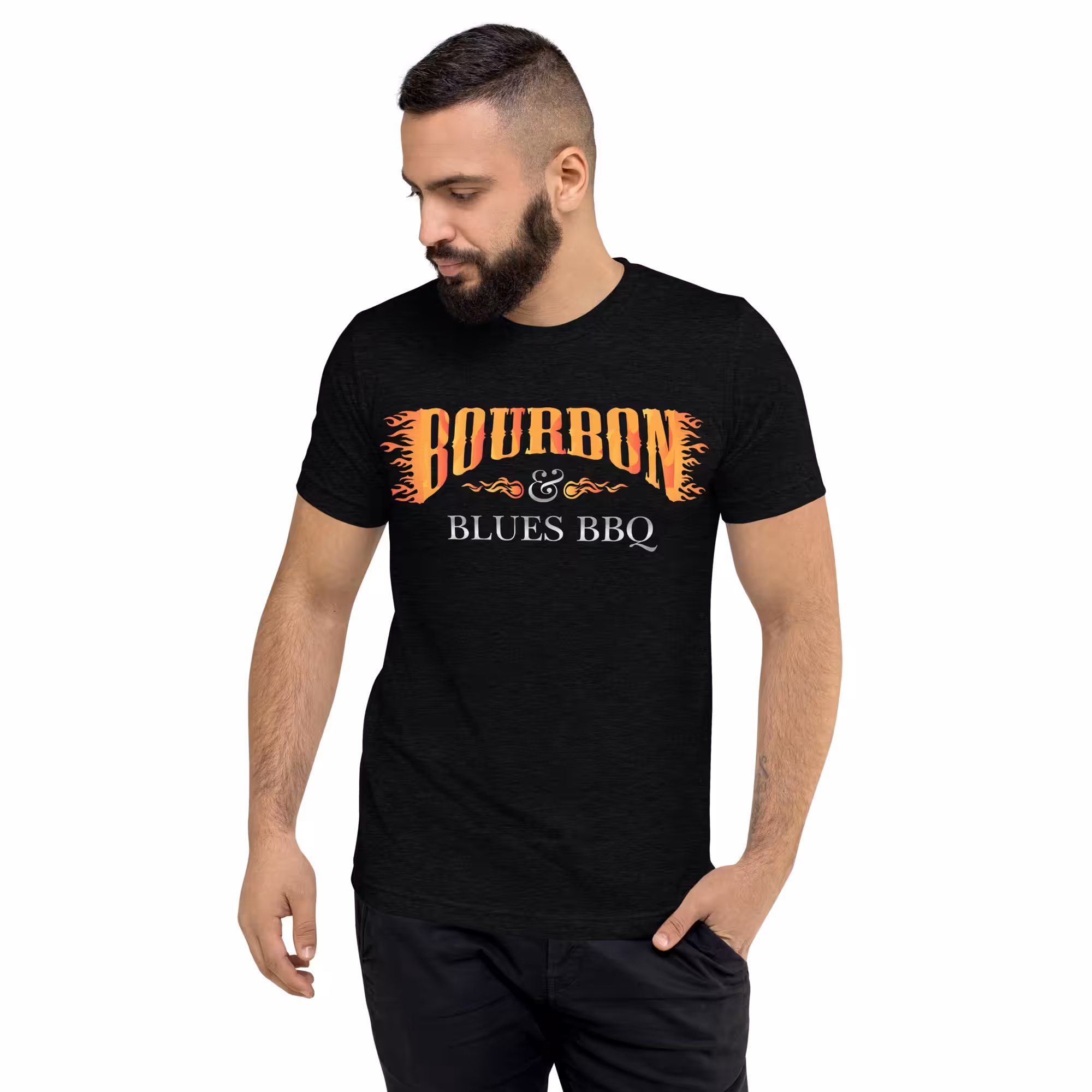 Front view of 64000 Unisex Softstyle T-Shirt with Bourbon & Blues BBQ logo on the front