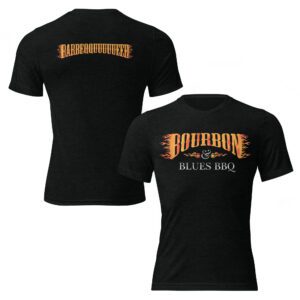 Front/Back view of Bella + Canvas 3413 Unisex Triblend Short Sleeve T-Shirt with Bourbon & Blues BBQ logo on the front and the Barbeqquuuuueee graphic on the back