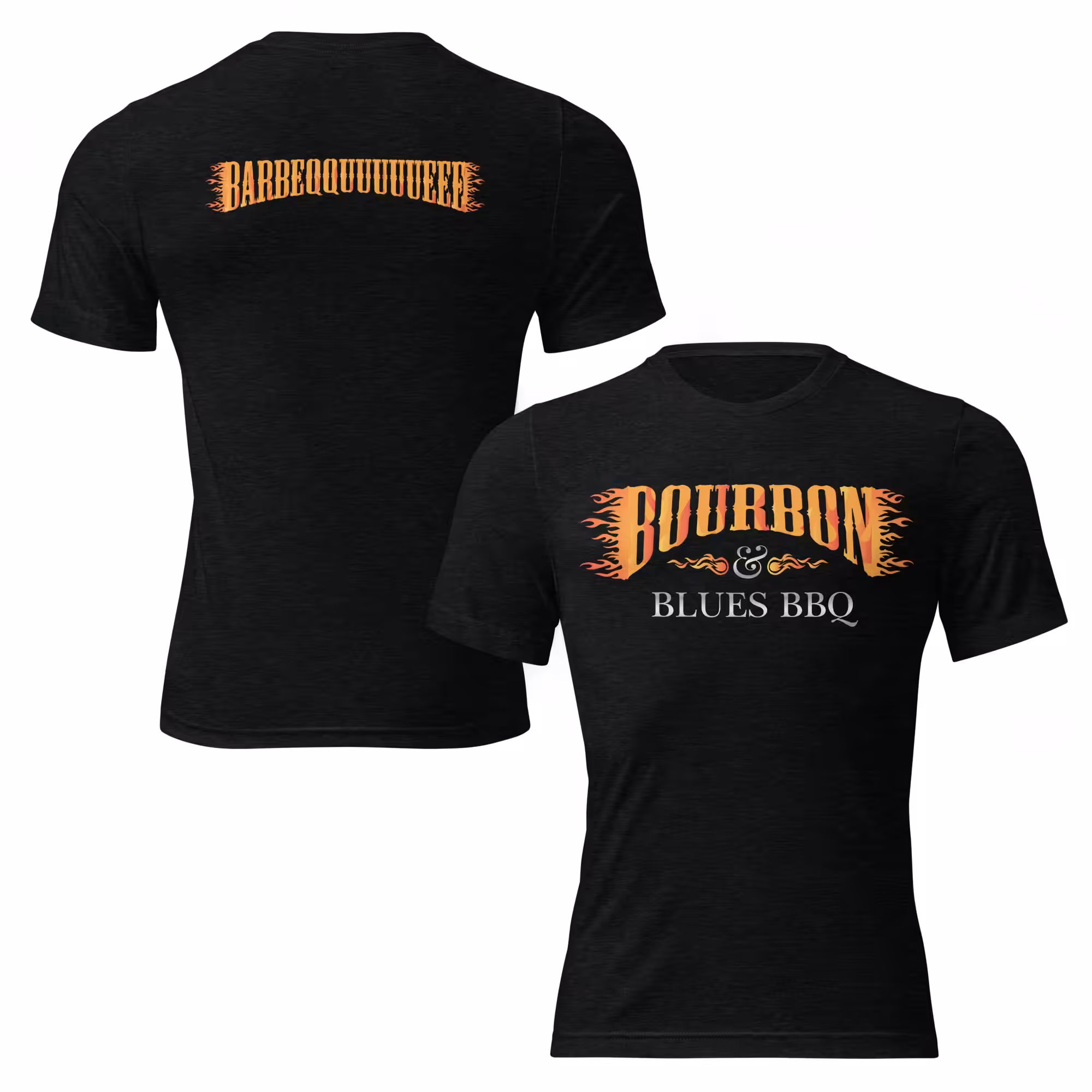 Front/Back view of Bella + Canvas 3413 Unisex Triblend Short Sleeve T-Shirt with Bourbon & Blues BBQ logo on the front and the Barbeqquuuuueee graphic on the back