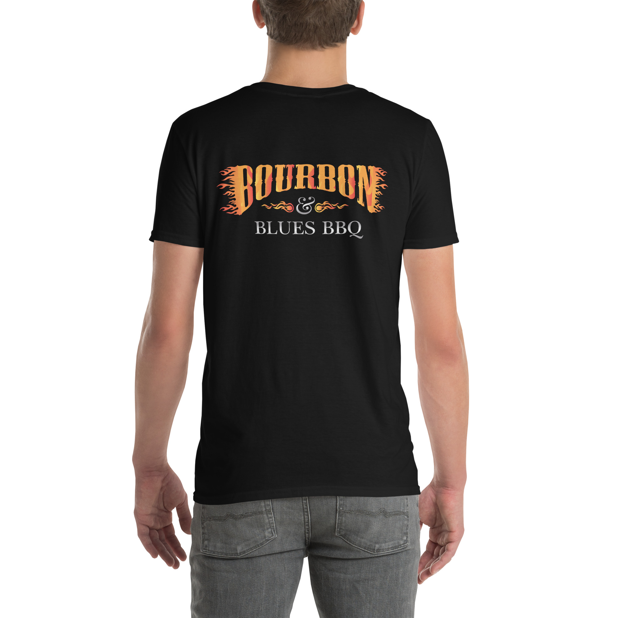 Barbeqquuuueee (Front) Bourbon & Blues (Back) T-Shirt - Image 2